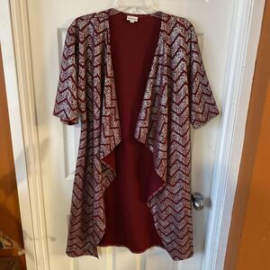 LulaRoe Cardigan Women’s Small Burgundy & Silver Chevron Open Front Short Sleeve